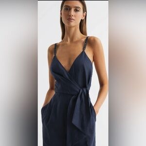Reiss Elegant Emilia Navy Linen Jumpsuit - Size 4